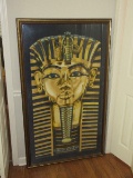 Egyptian Pharaoh Mask of Tutankhamun Textile in Frame Gilted Antique Patina Trim