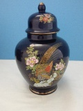 Fred Roberts Co. Porcelain Cobalt Ginger & Lid Pheasants & Floral Design Gilt Accents