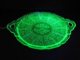 Rare Find Jeanette Cherry Blossom Pattern Green Uranium Depression Glass Handled Tray