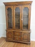 Oak Classic Lighted China Cabinet Hutch Glass Shelves, Dental Trim Molding