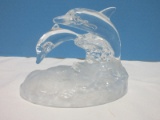 Royal Crystal Pair of Leaping Dolphins on Crest of Wave Figurine