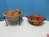 Group - Aztec Style Terracotta Textured Bowl Inset Black Metal Stand Accent Block Squares