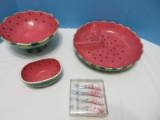 4 Pieces - Novelty Ceramic Watermelon Pattern Chip & Dip Bowl 12 3/4