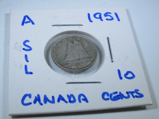 1951 King George Canadian 10 Silver Cents