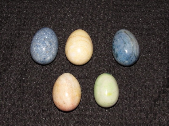 5 Carved Marble Décor Eggs, Green, Amber, Yellow, Two Blue