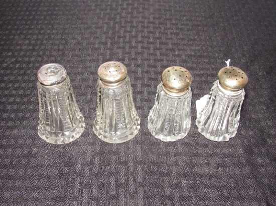 4 Clear Glass Salt/Pepper Shakers w/ Sterling Silver Caps
