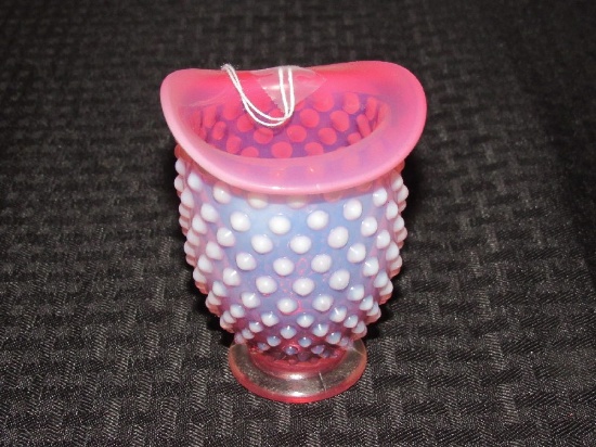 Pink Fenton White Hob-Bead Pattern Glass Bud Vase