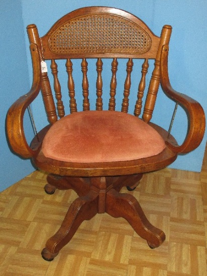 Unique Oak Executive Swivel Desk Chair on Casters Arched Cane, Spindle Back