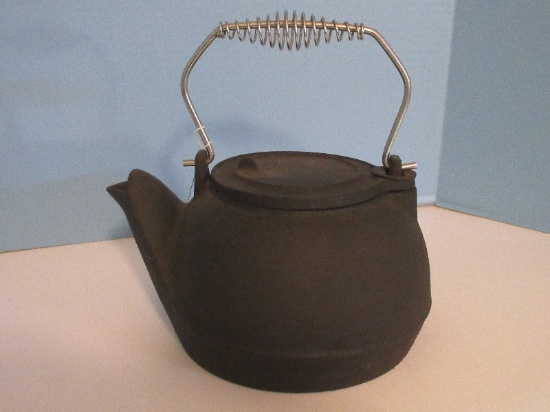 Vintage Cast Iron Wood Stove Kettle w/ Wire Coil Handle & Swing Slide Lid