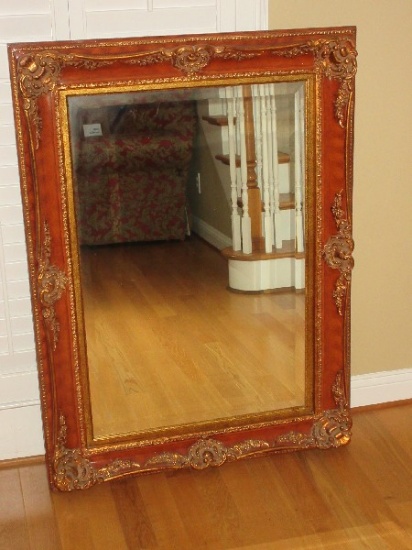 Elaborate French Baroque Style Framed Beveled Wall Mirror Burled Walnut Finish