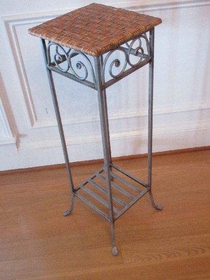 30" Wrought Iron Display/Plant Stand Bamboo Woven Top Scroll Accent & Slat Base Shelf