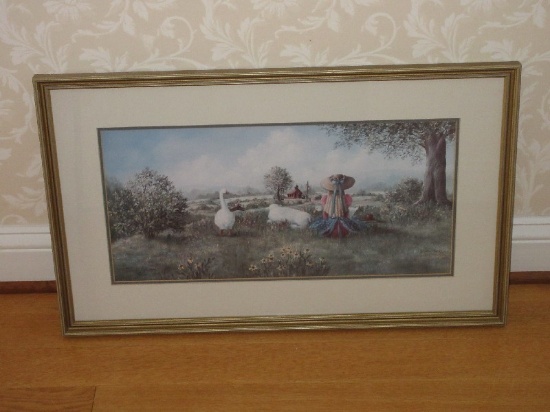 Titled "Playing Hookie" Depicts Girl w/ Sheep & Geese One Room Schoolhouse