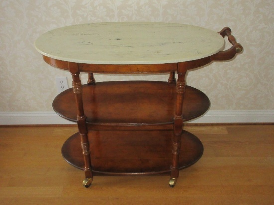 Phenomenal Oval Fruitwood 3-Tier Regal Tea/Serving Cart w/ Cultured Marble Top