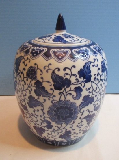 Semi-Porcelain Blue/White Flowering Vine Oriental Design Temple Jar & Finial Lid