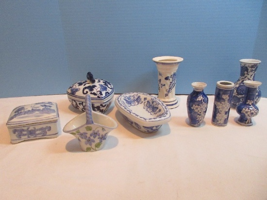 Porcelain Blue/White Collection 3 Cherry Blossom Pattern 4" Bud Vases