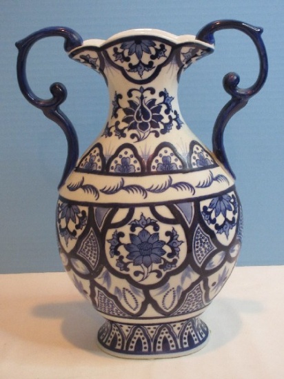 Semi-Porcelain Blue/White Asian Floral Intricate Design 12 1/2" Double Scroll Handle Vase