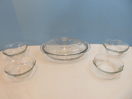 Group - Anchor Hocking Clear Glass Savannah Pattern Floral Design 4 Cereal Bowls 6 1/4"
