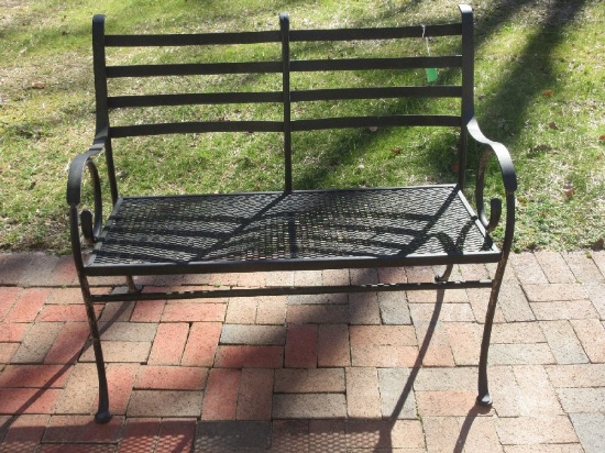Wrought Iron Garden Outdoor Patio Bench Ladder Back Scroll Arms Mesh Seat