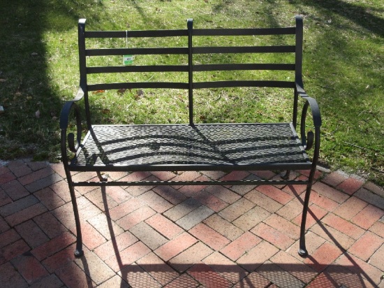 Wrought Iron Garden Outdoor Patio Bench Ladder Back Scroll Arms Mesh Seat