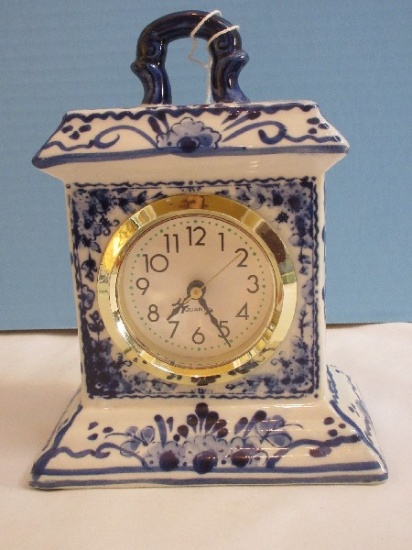 Traditional Hand Painted Blue/White Floral/Scroll Design Quartz Porcelain Desk/Bookcase Clock
