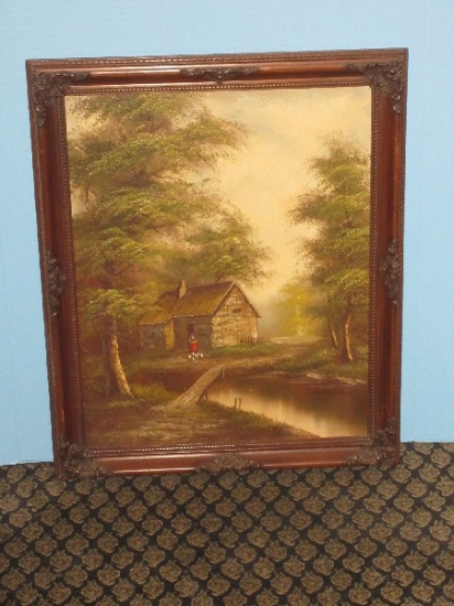 Rural Cottage by Stream Woman Feeding Chickens Original Oil on Canvas