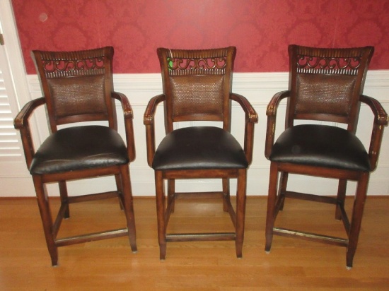 Set - 3 Counter Arm Chairs Curved Scroll Back/Black Cushion Seat