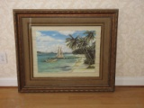 Tranquil Beach Scene Dock w/ Boats at Shoreline Fine Art Print