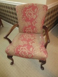 Classic Queen Anne Style Curved Arm Chair Mahogany Trim/Carved Knee