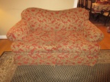 Transitional Modern Rolled Arm Loveseat w/ Pleated Skirt Scroll Acanthus Leaves