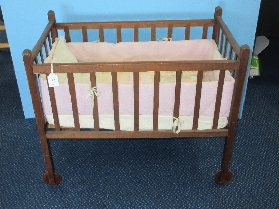 Early Pine Slat Doll Crib Cradle w/ Bedding & Guard Bumper Pad on Wooden Casters