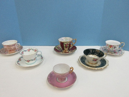 Collection - 5 Bone China Teacups/Saucers Aynsley Floral Swag Blue Ribbon