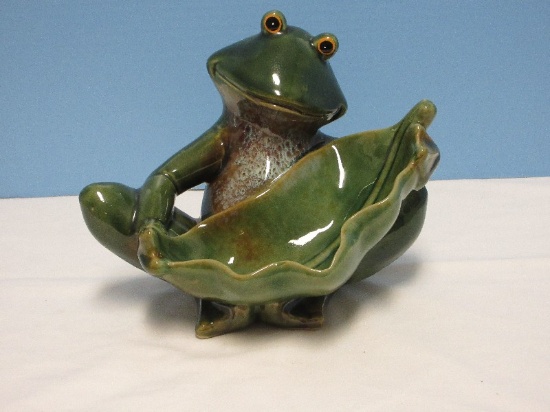 Whimsical Stoneware Figural 8" Frog Statuette Holding A Leaf Bowl
