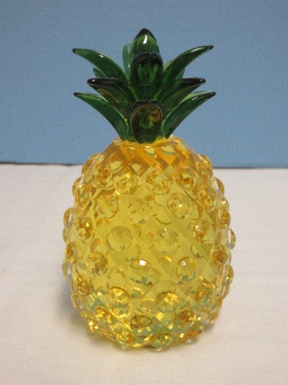 Splendid Art Crystal Figural 4 1/2" Pineapple w/ Green Leaves Polished Base