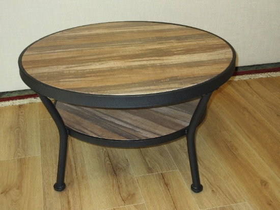 Stately O&K Furniture Rustic Round Cocktail Table 2-Tier w/ Open Shelving