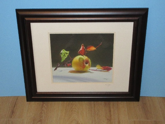 Still Life Golden Delicious Apple & Foliage Twig Lithograph Artist Signed Zhou Yu