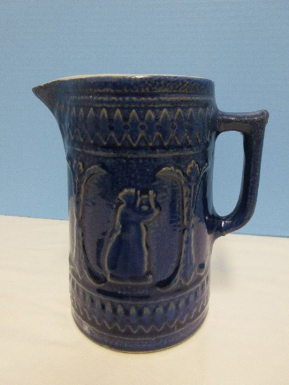 Early Stoneware Cobalt Blue Glazing Lady & Lyre 8 5/8" Pitcher