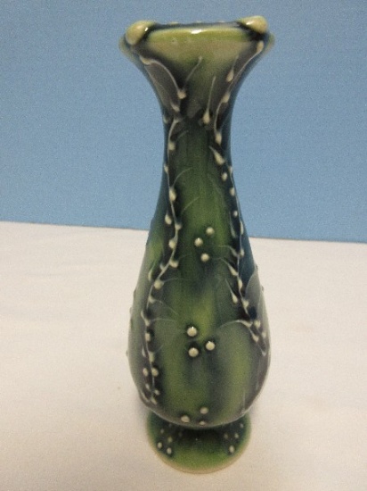 Pottery 6" Footed Bud Vase Raised Vine Design Base Stamped Mark "MK"