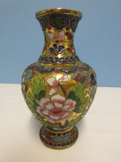 Scarce Find Chinoiserie Champlevé Embellished Floral Foliage Enameling Finger Jar Bud Vase