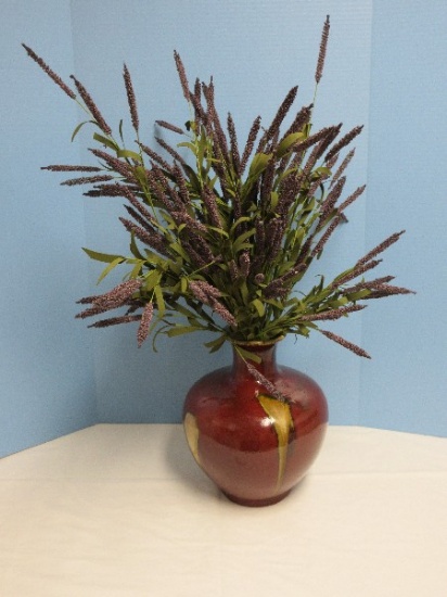 Stoneware Bulbous Form Footed Vase w/ Flared Rim Silk Lavender Bouquet