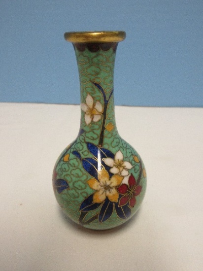 Chinoiserie Cloisonné Multicolor Stem Flowers Design 4" Bud Vase Teal Background