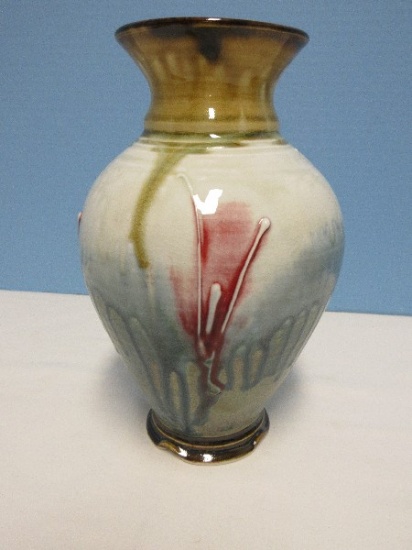 Spectacular Artisan Pottery 9 1/4" Vase Flared Rim Raised Design Multicolor Drip Glaze Finish