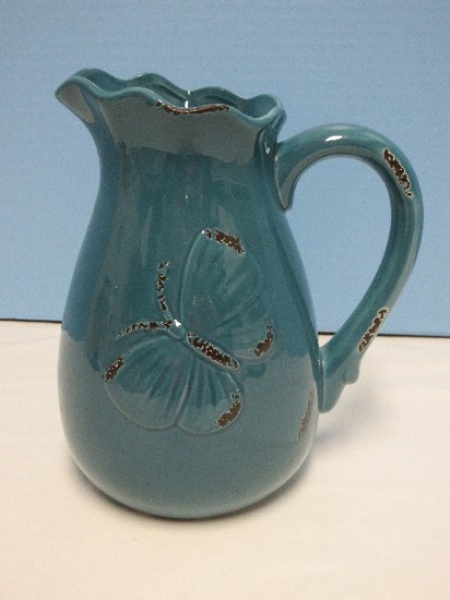 Ceramic Embossed Fluttering Butterfly 8 1/2" Jug Pitcher Deep Teal Glaze Distressed Glaze