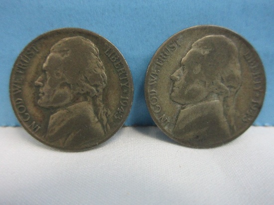 Two 1943-P Jefferson Nickel Coins Wartime Composition Philadelphia Mint