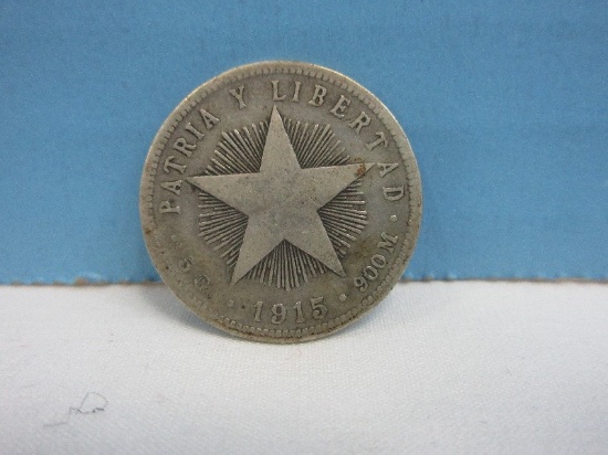 1915 First Republic Silver 20 Centavos 900m Coin Cuban Coat of Arms, Republic of Cuba
