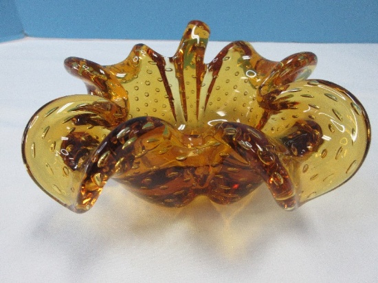 Striking Vintage Murano Amber Art Glass Four Leaf Clover w/ Controlled Bubbles Design
