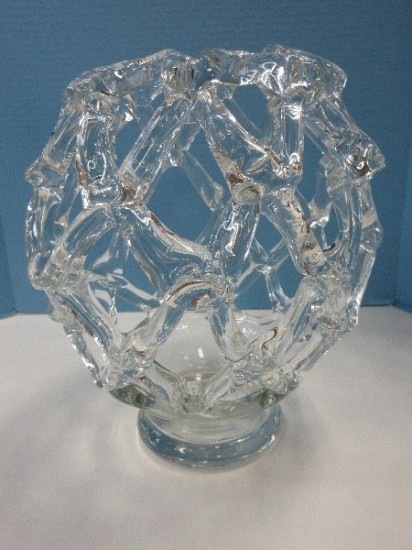 Stupendous Large Crystal Web Net Design Hand Blown Candle Holder Cupped Rim