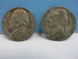 Two 1942-P Jefferson Nickel Coins Wartime Composition Philadelphia Mint