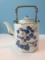 Chinoiserie Porcelain Nightingale Song Footed Teapot w/ Swing Brass Handle