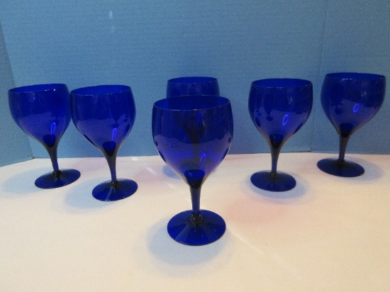 Set - 6 Cobalt Glass Hand Blown Iced Tea 6 3/8" Goblets Stemware