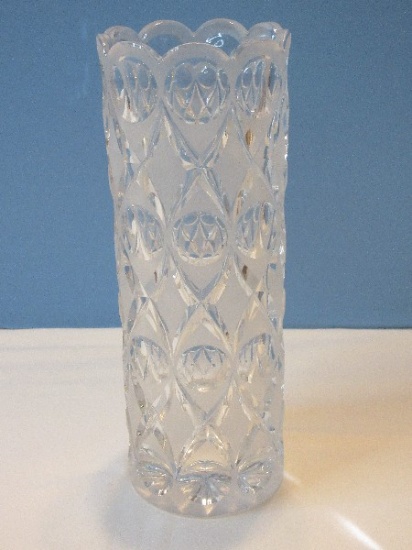 Lead Crystal Mid-Century Modern Stylized 8 3/4" Cylinder Vase Scalloped Rim
